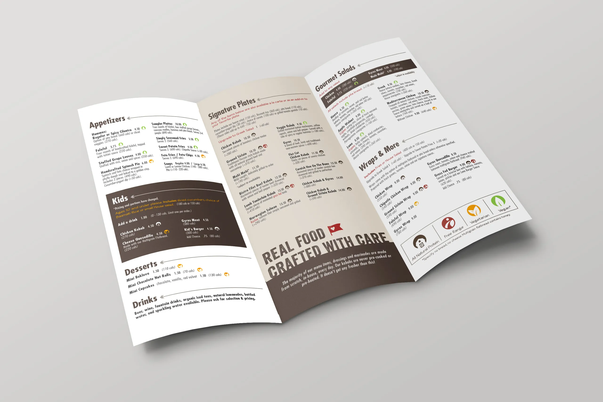 The inside of the trifold menu showing the item hierarchy in brown, cream and red