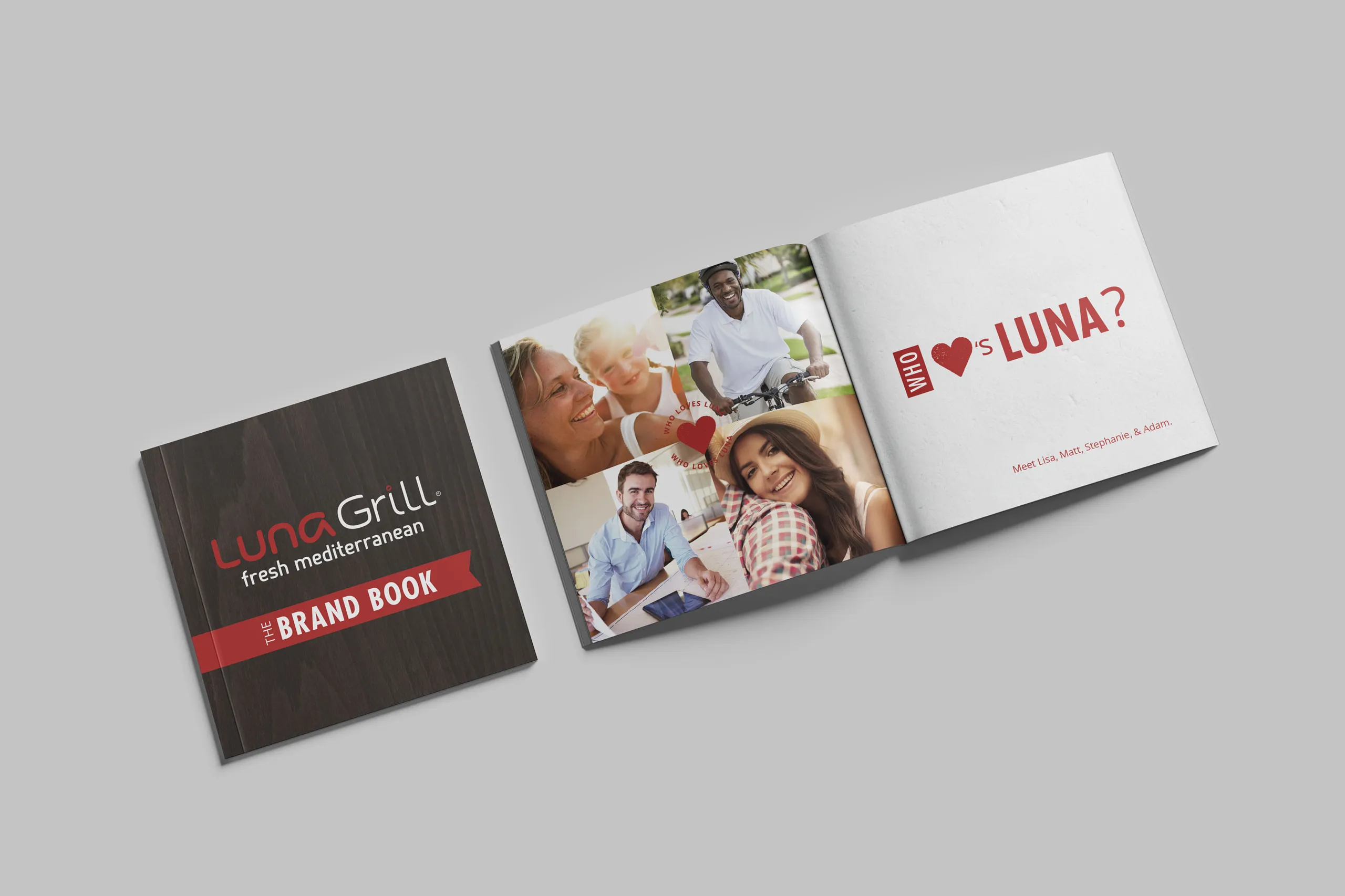 The Luna Grill brand book open to an audience page headed who loves Luna