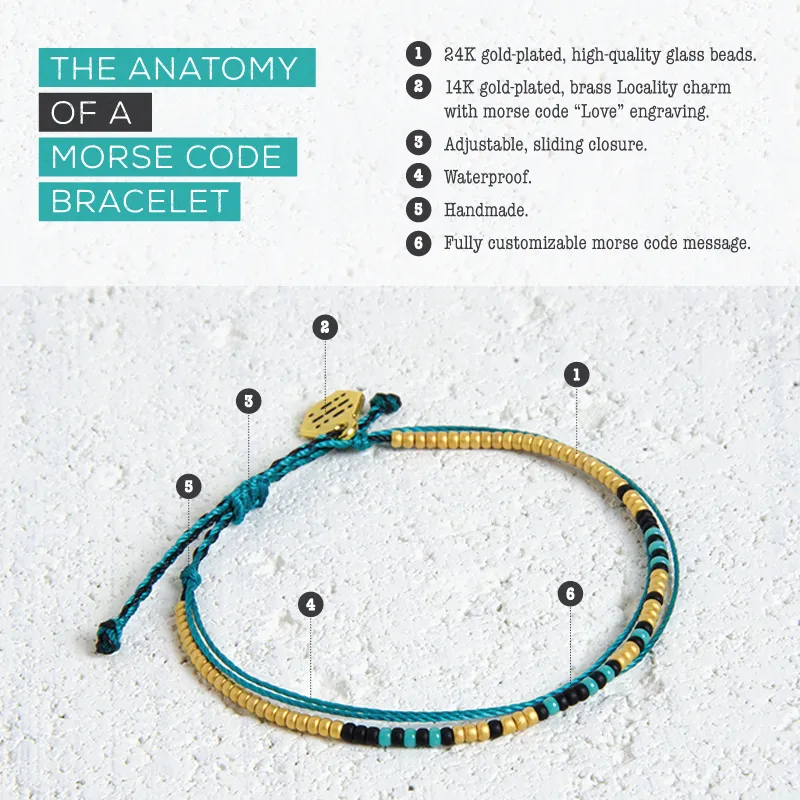 A diagram breaking a Locality bracelet into its morse code beads, mapping dots and dashes onto bead counts.