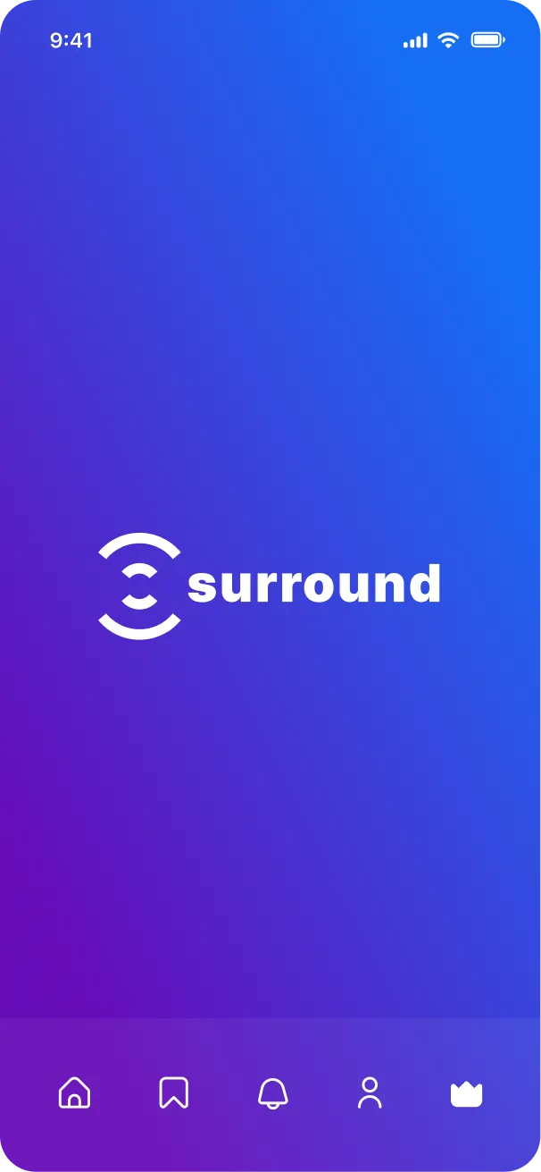 The Surround app splash screen: the lockup in white centered on the brand gradient, with the tab bar at the foot
