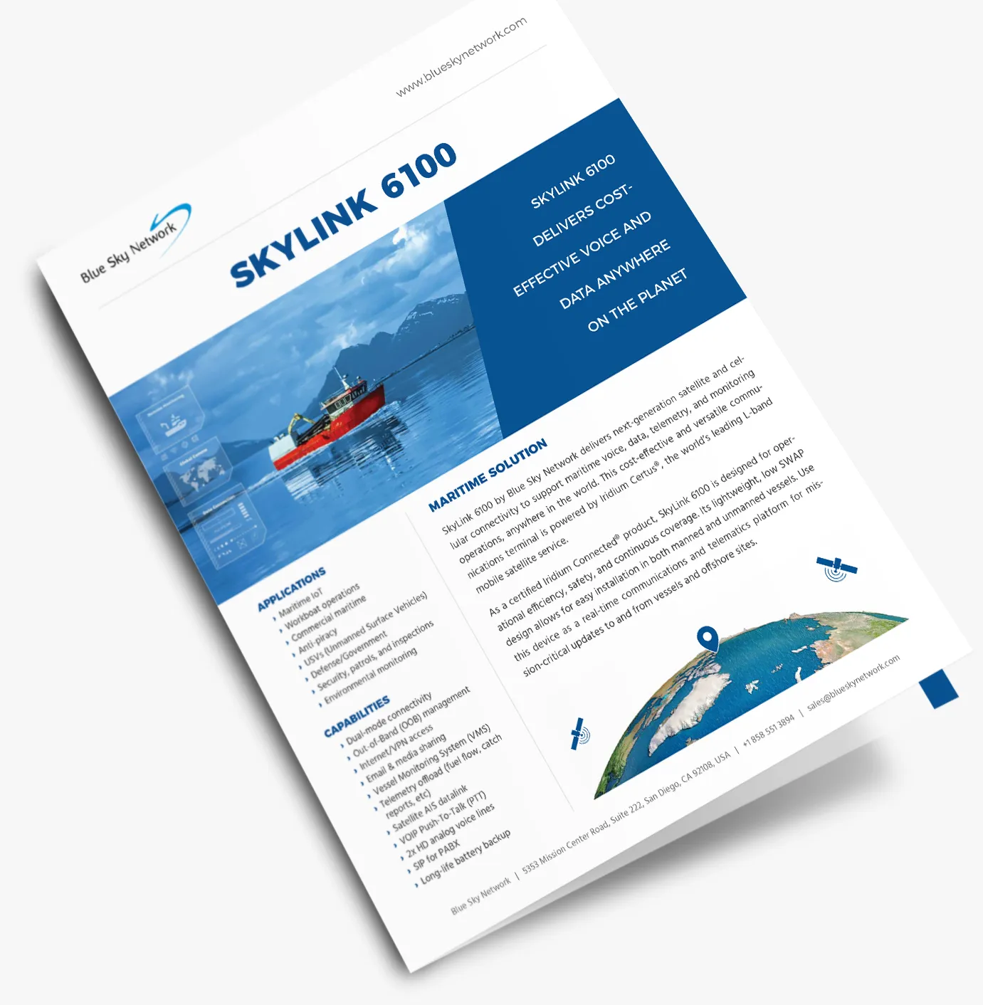 The SkyLink 6100 maritime brochure mockup.