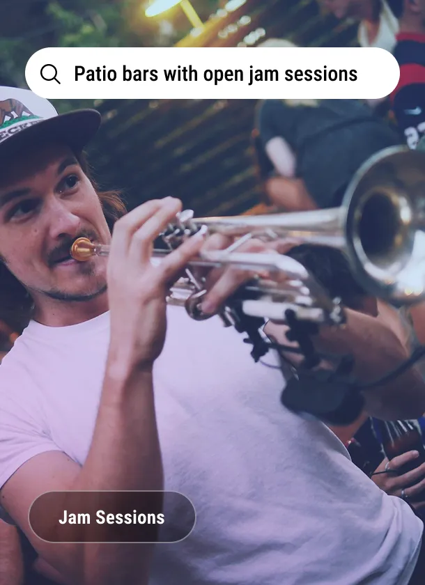 Imagery card: a trumpet player on a bar patio under the search line Patio bars with open jam sessions, tagged Jam Sessions
