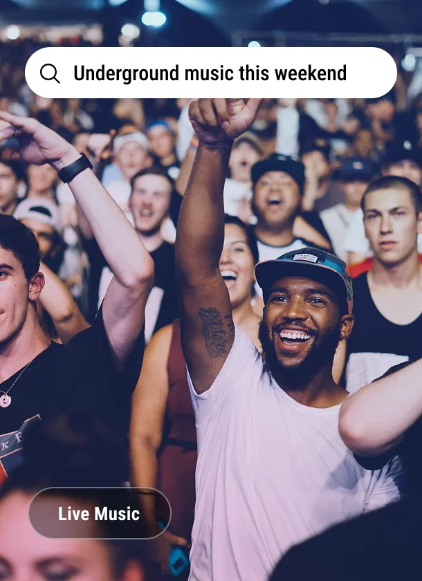 Imagery card: a crowd at a concert under the search line Underground music this weekend, tagged Live Music