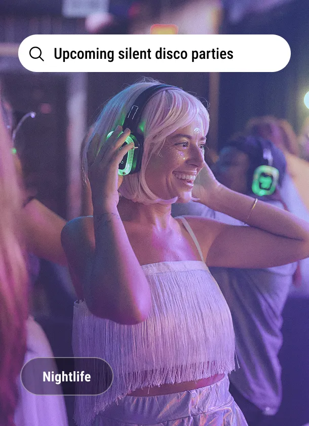 Imagery card: a dancer in glowing headphones under the search line Upcoming silent disco parties, tagged Nightlife