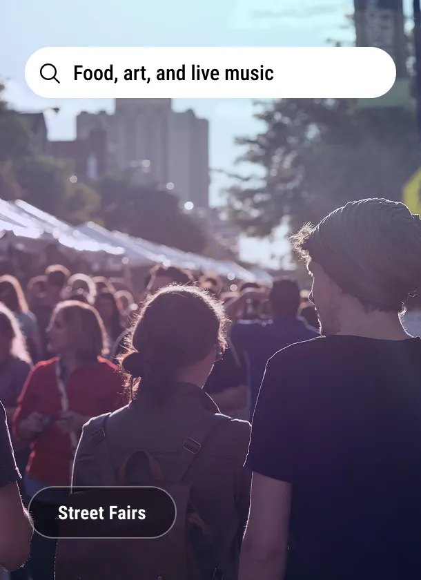 Imagery card: a street fair crowd under the search line Food, art, and live music, tagged Street Fairs