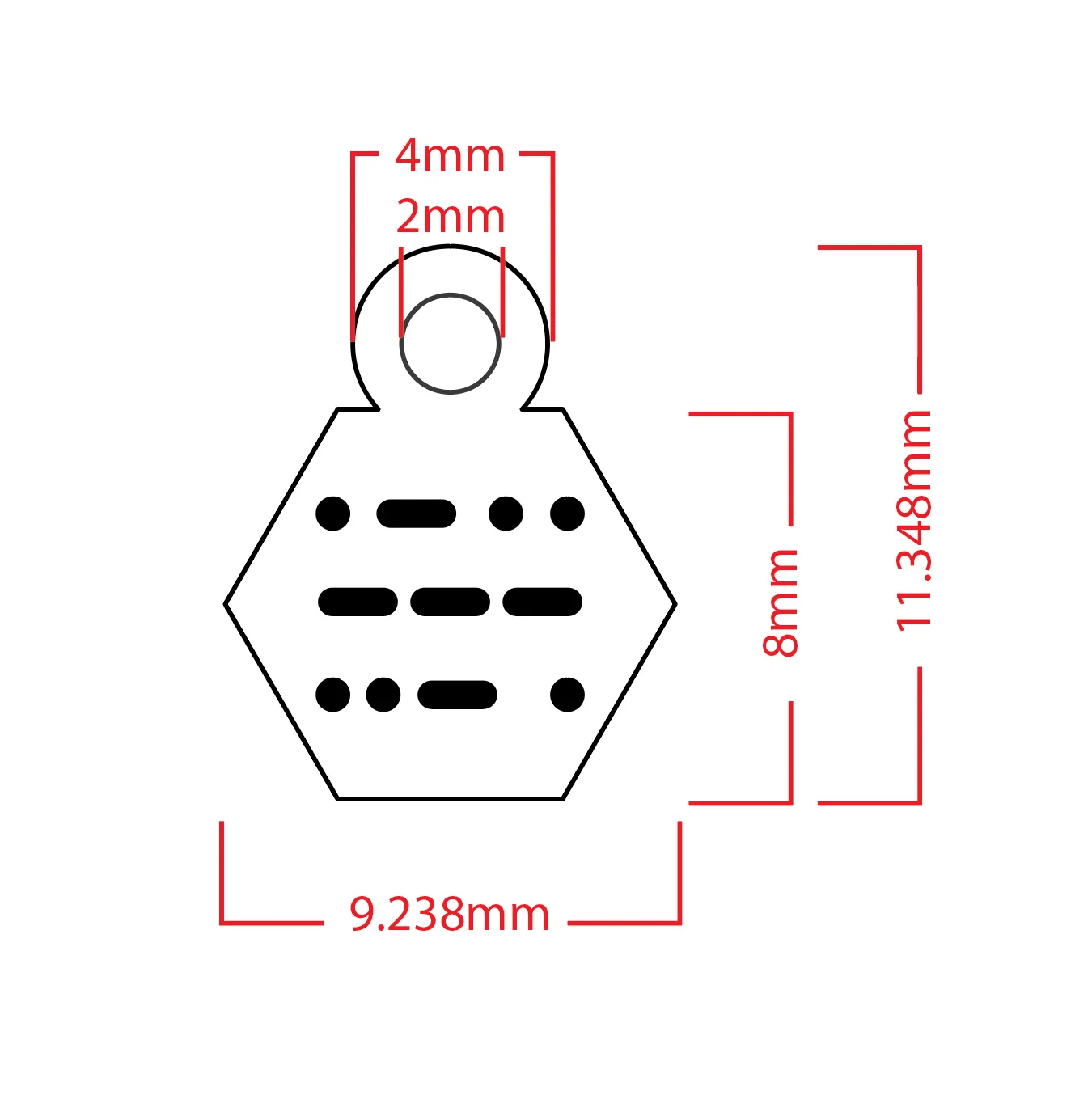 Production line-art spec for the front of the gold-plated charm, showing the morse mark inside a hexagon.