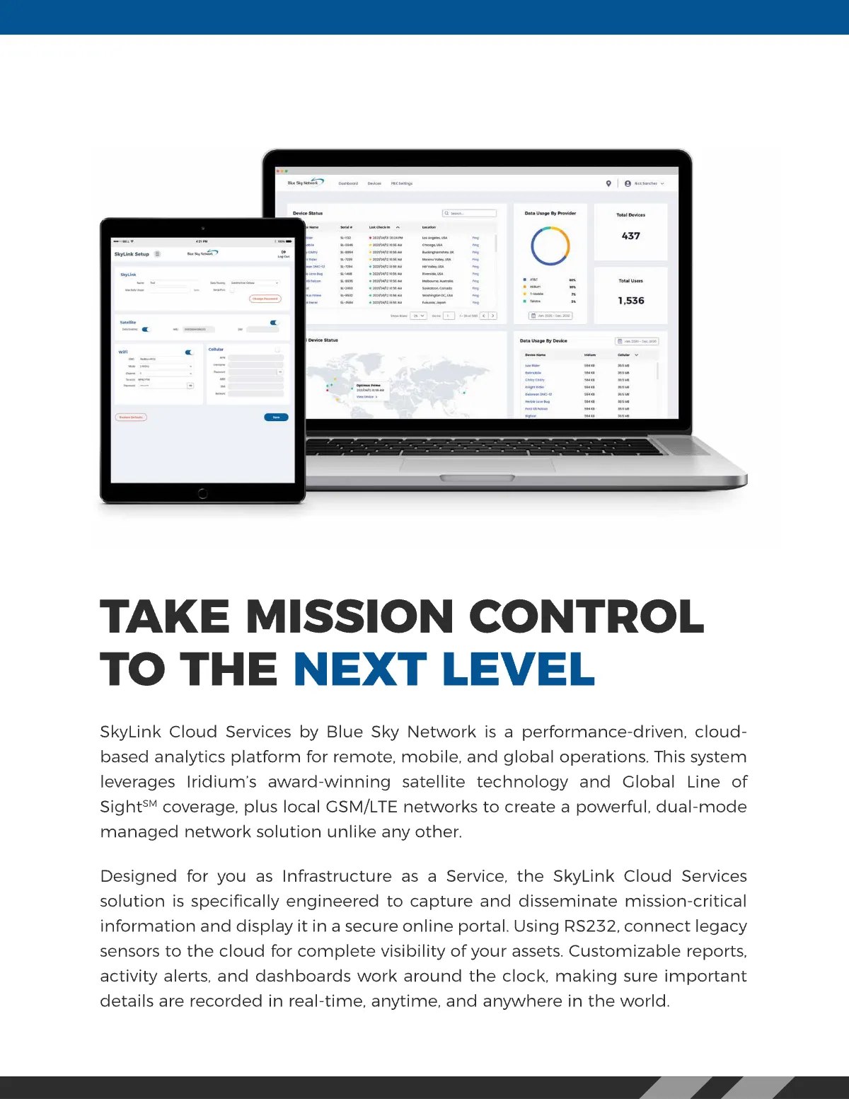 A Cloud Services brochure page headed Take Mission Control to the Next Level.
