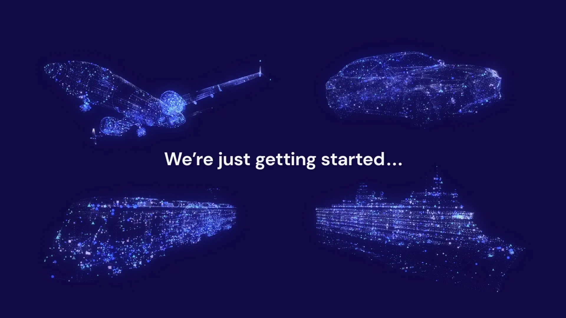 A cutdown frame: four vehicles drawn in particles, headed we’re just getting started