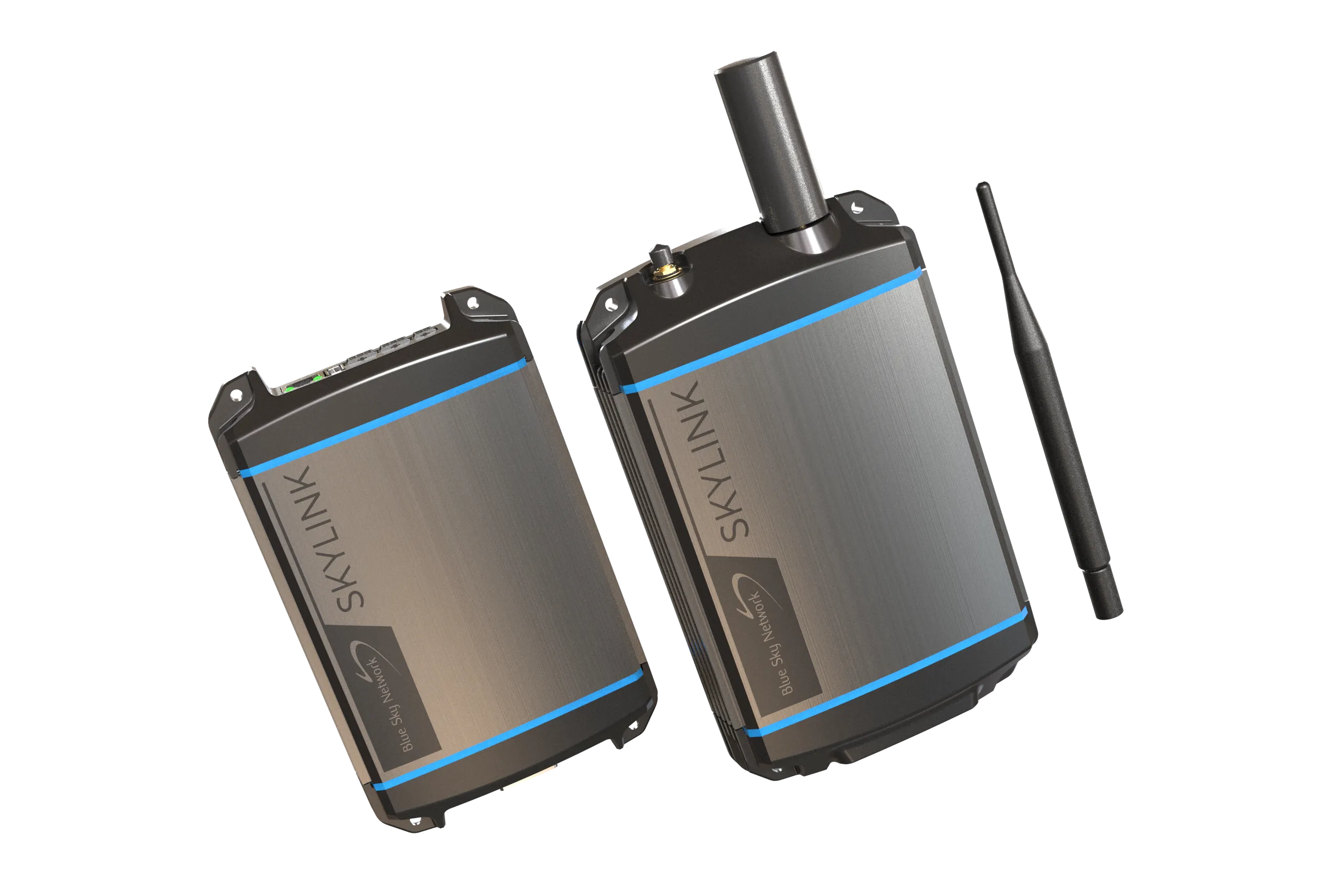 The SkyLink Data Gateway beside the Communications Companion, both with antennas, shown on white.