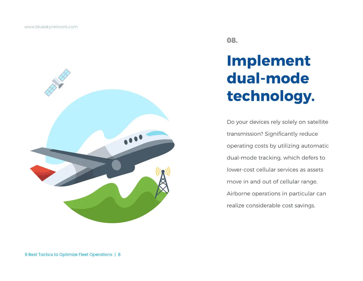 An interior ebook page with an aircraft and satellite illustration for the eighth tactic.