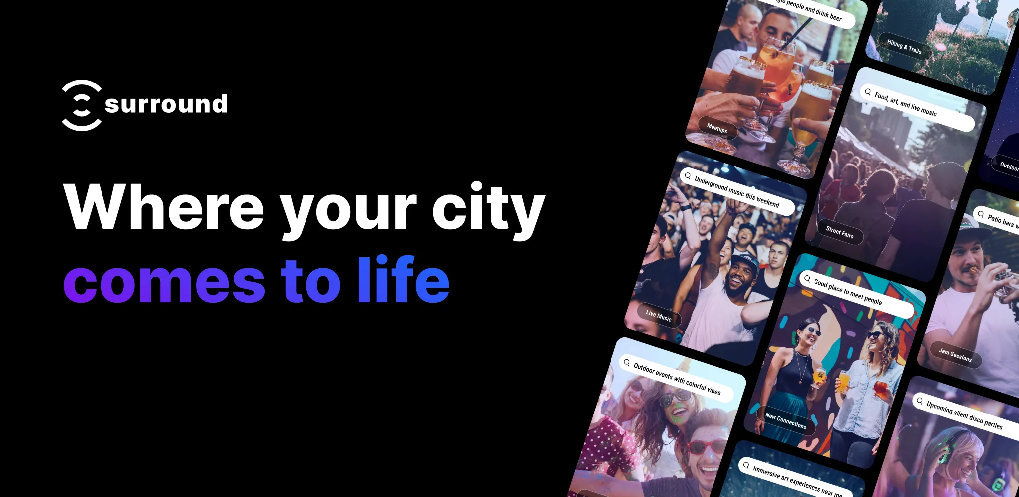 The Google Play featured image: the headline Where your city comes to life with the App Store and Google Play badges beside a tilted grid of imagery cards