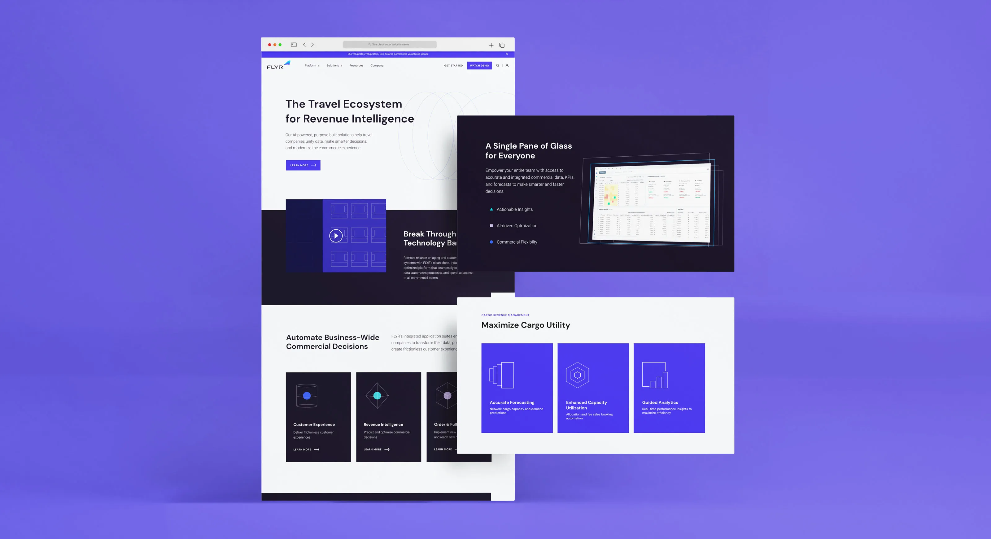 A composed mockup of three FLYR Website 2.0 pages floating on the purple ground