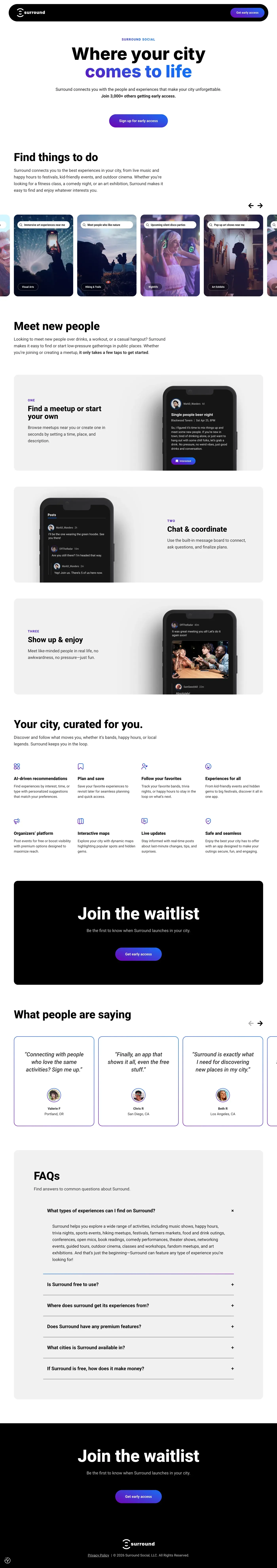 The full scroll of the Surround early-access landing page, from the hero through the imagery card row, the meetup steps, the feature grid, the waitlist panel, testimonials and the FAQ