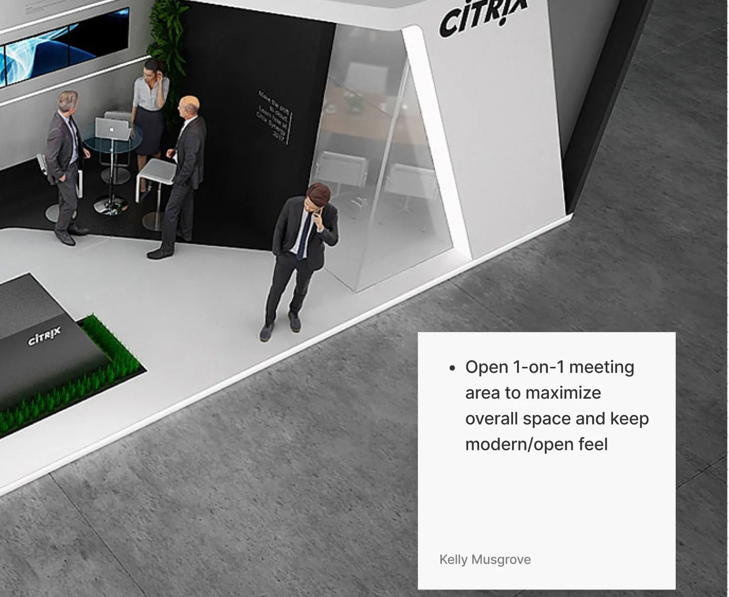 Reference imagery gathered for the brief, annotated with a directive for an open one-on-one area in place of an enclosed room.