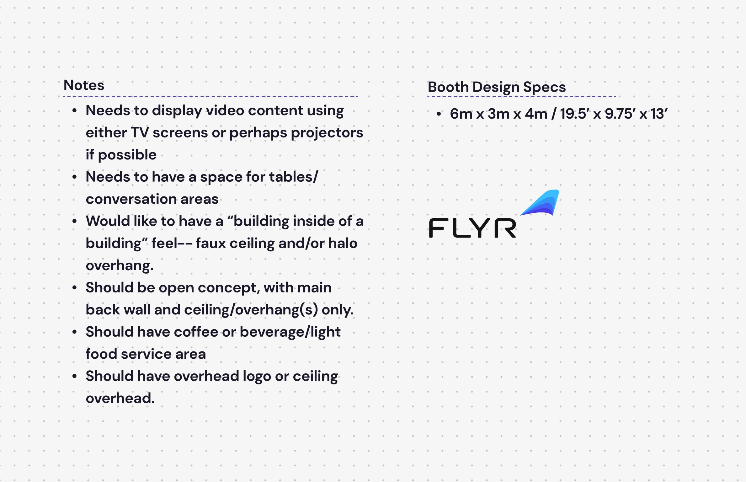 The moodboard requirements panel: annotated notes and booth specifications for the FLYR stand.
