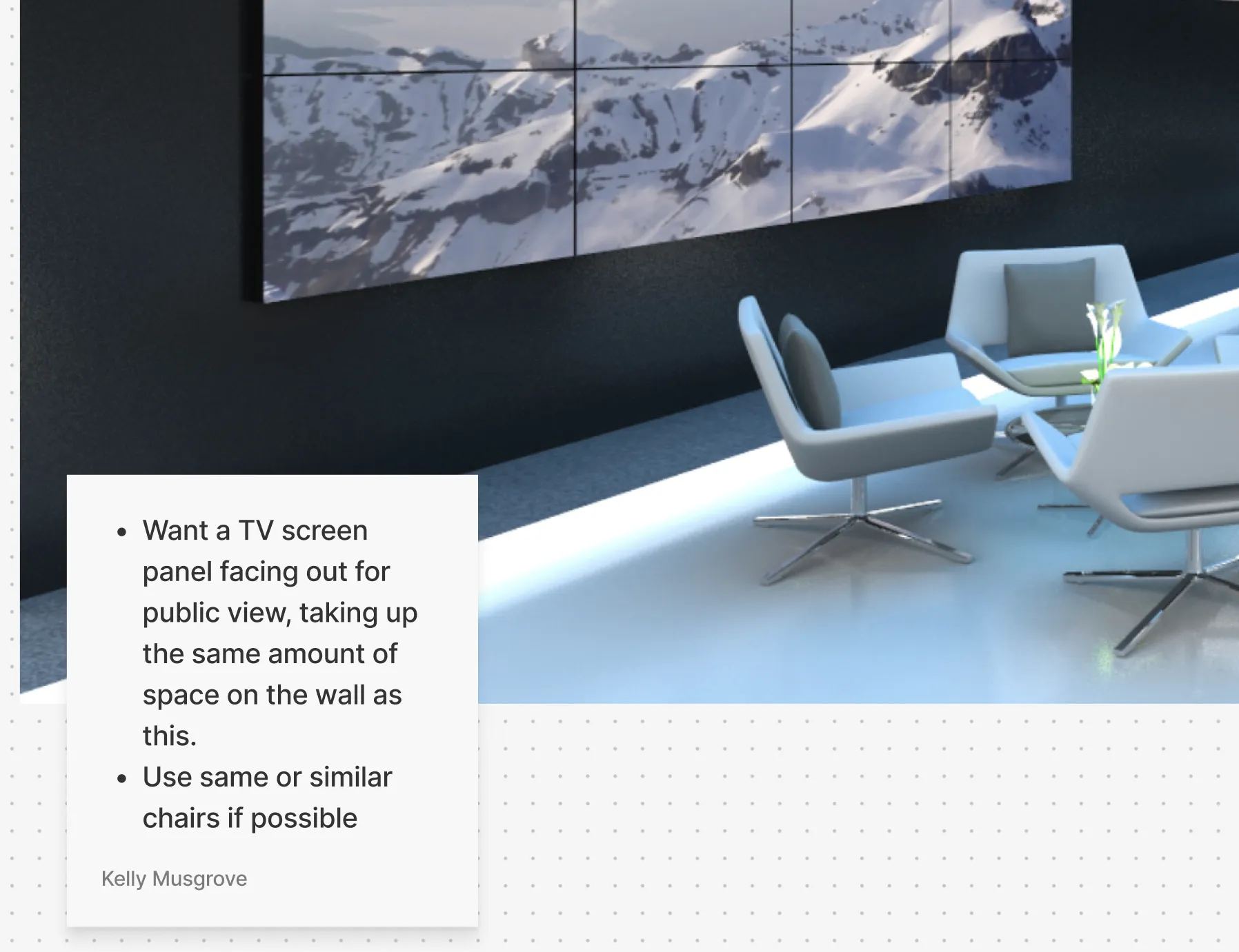 Reference imagery gathered for the brief, annotated with TV panel proportions facing out to the floor.