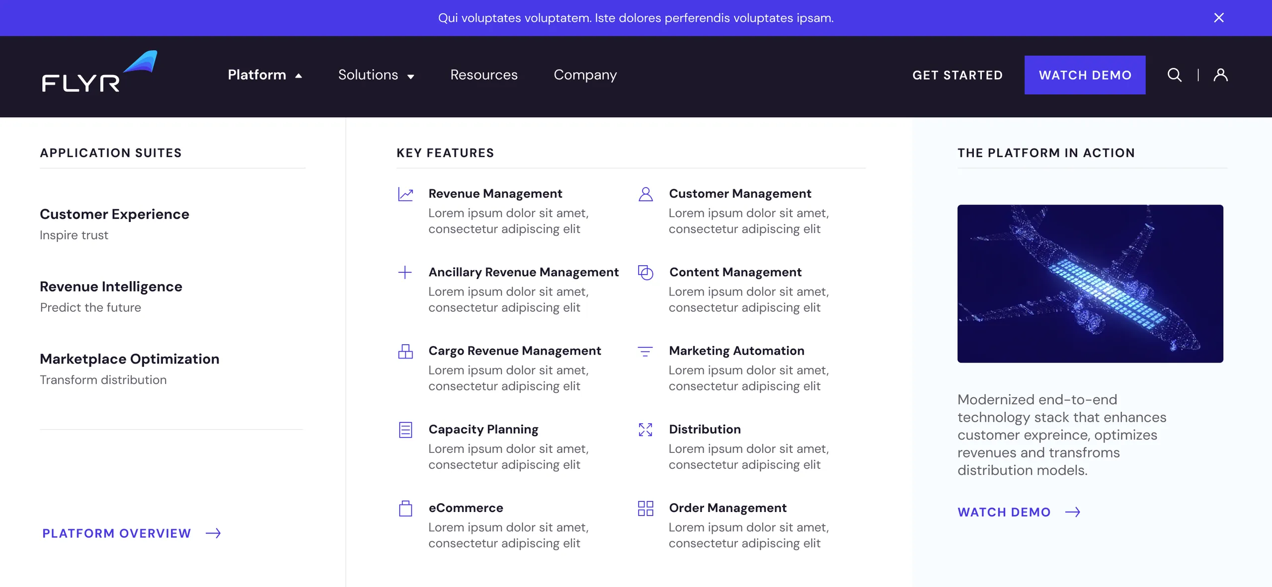 The Platform mega menu: three application suites, their key features, and a platform in action panel
