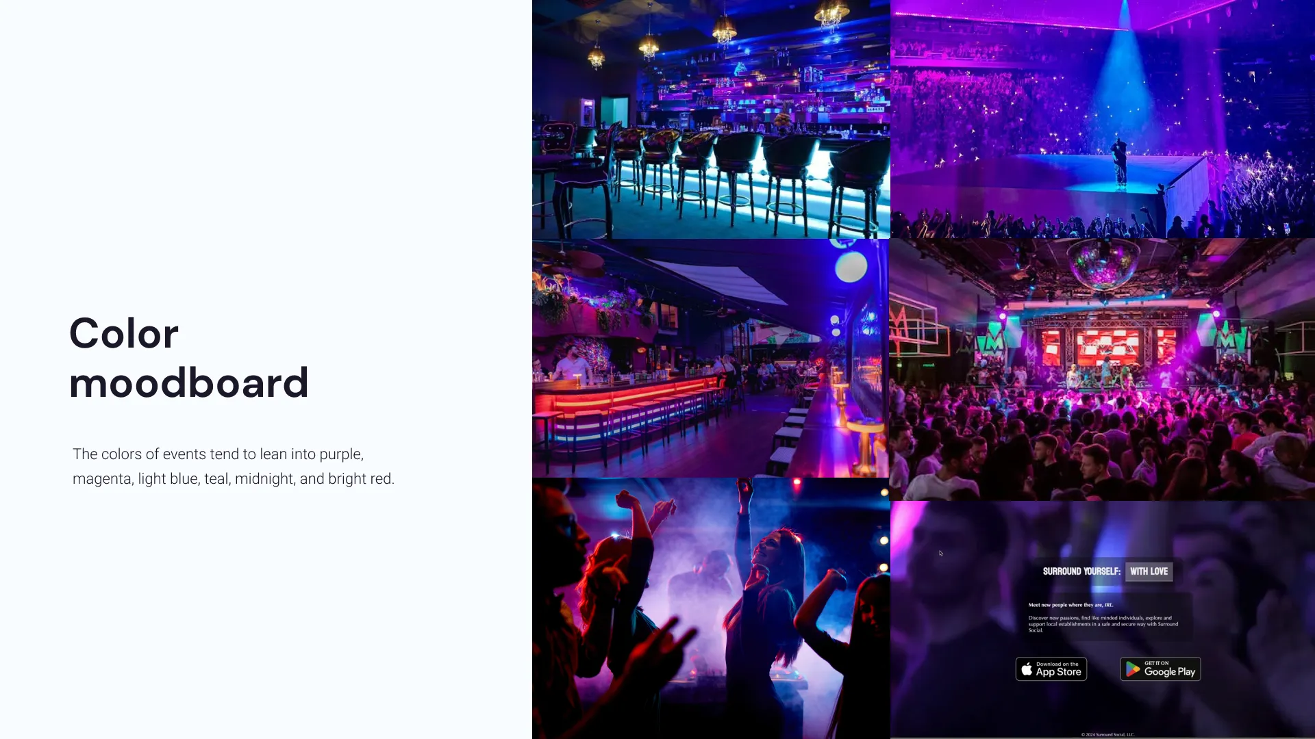 The color moodboard: an annotation card reading Color moodboard beside a grid of reference photographs of bars, clubs and concerts lit in purple, magenta and blue