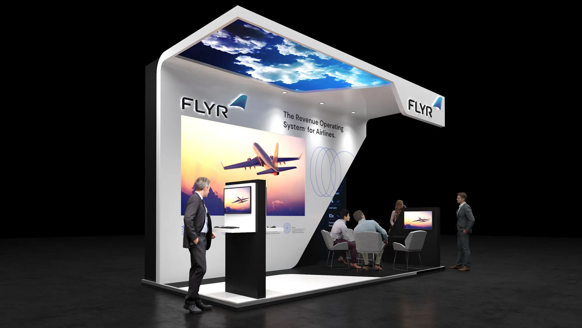 The flagship render seen at an angle, the sky panel lit across the canopy above the LED wall and the open seating area.