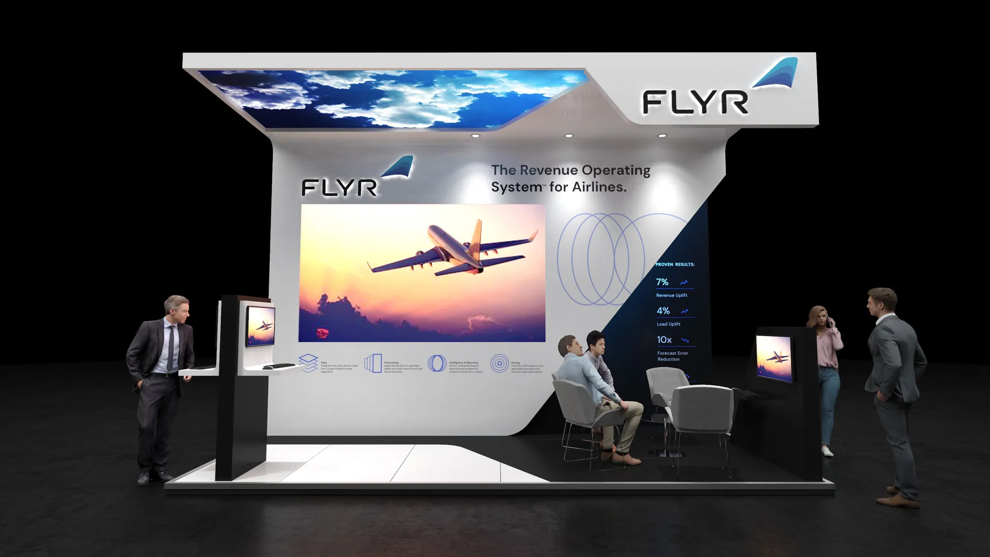 The flagship booth render seen from the front, the sky video resolved into one lit panel set into the canopy.
