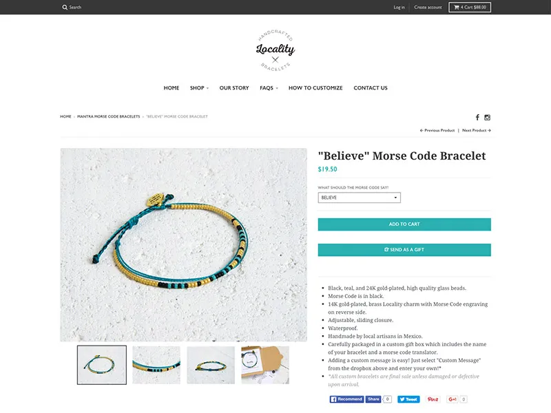 A Locality product page with the custom-message field and its bead-count fit indicator.