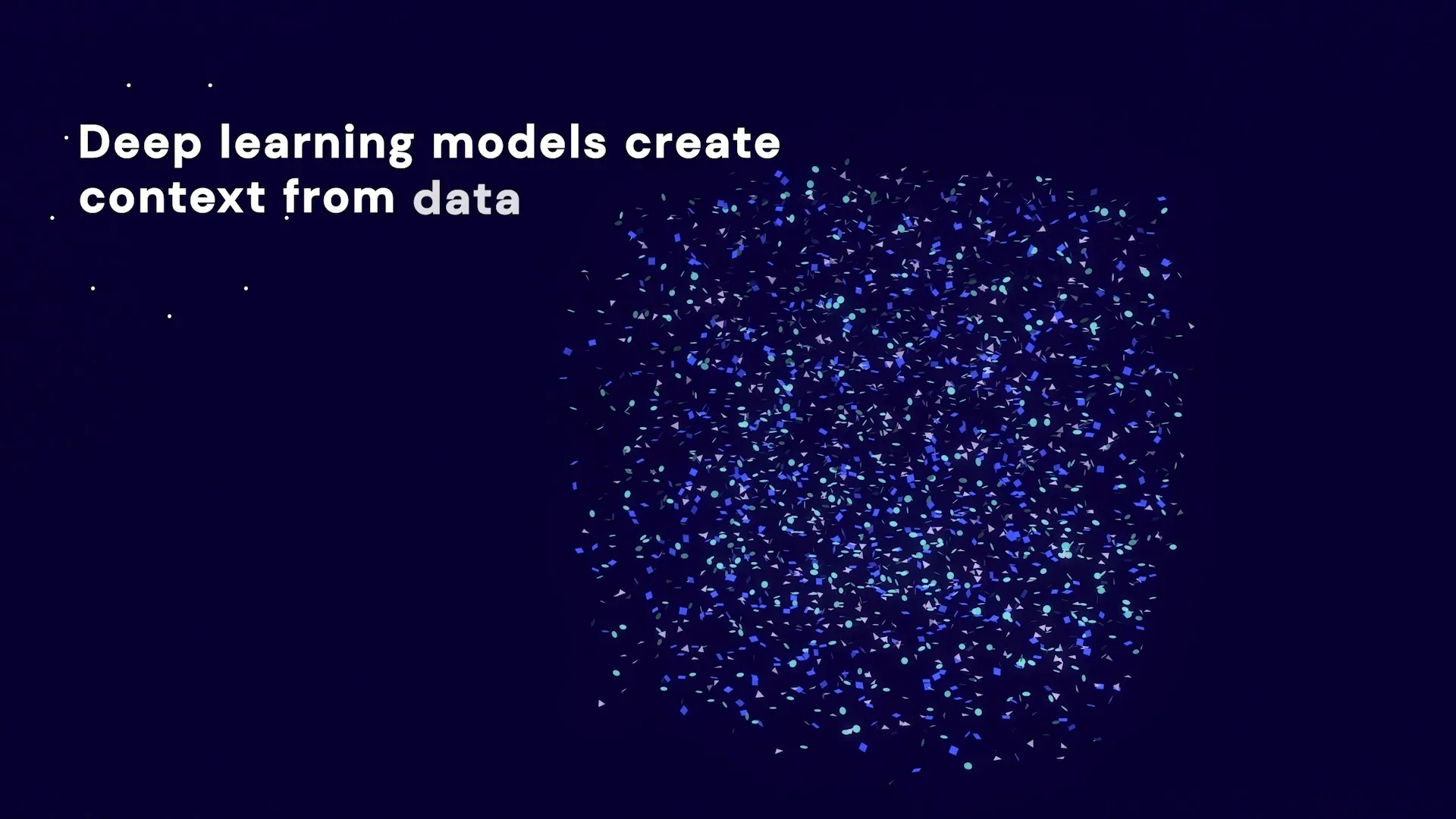 A sizzle frame: a particle cloud forming, headed deep learning models create context from data