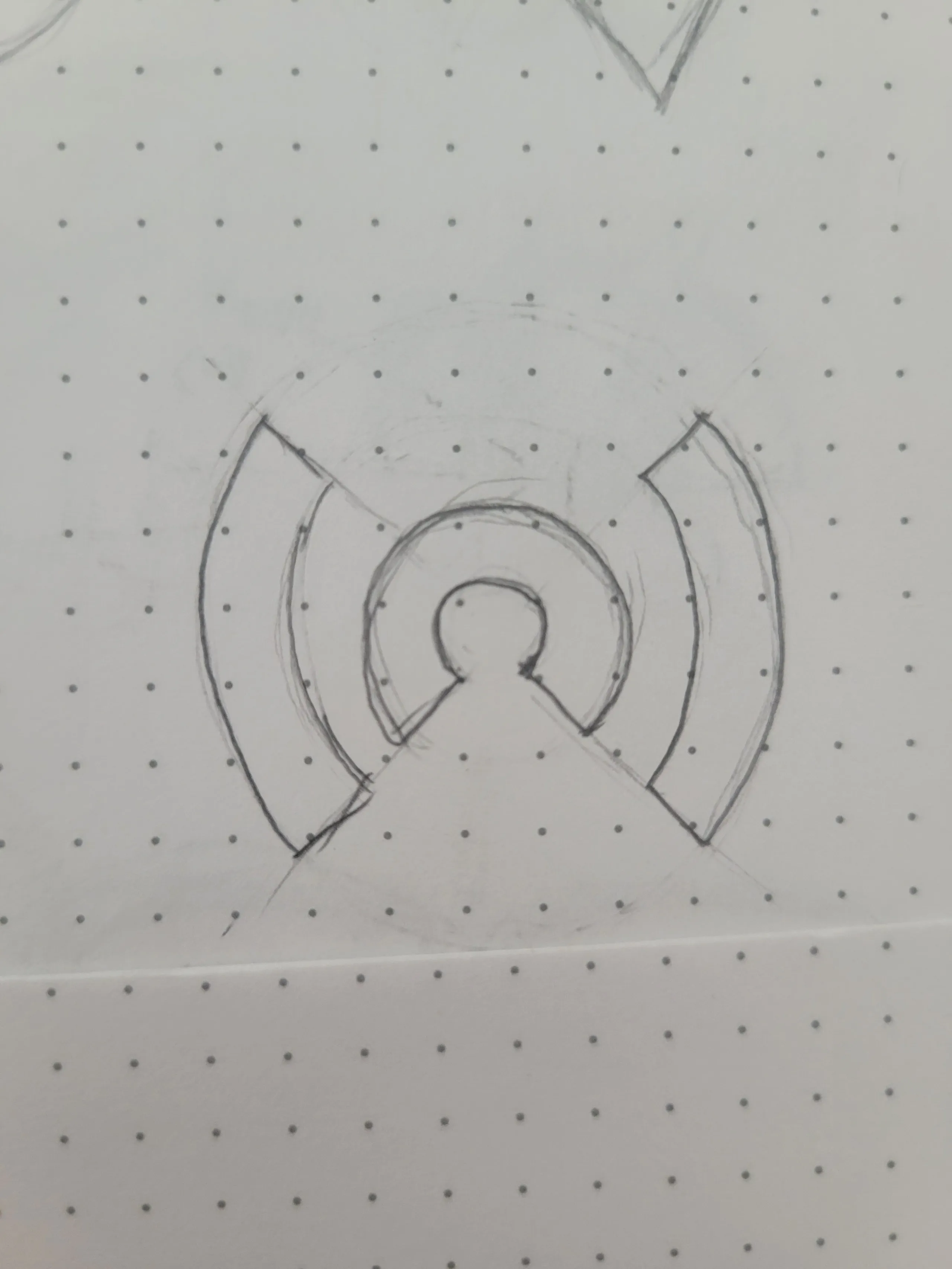 Pencil sketch of the first alternate direction: a rounded center form inside concentric arcs radiating outward, drawn on dot grid paper