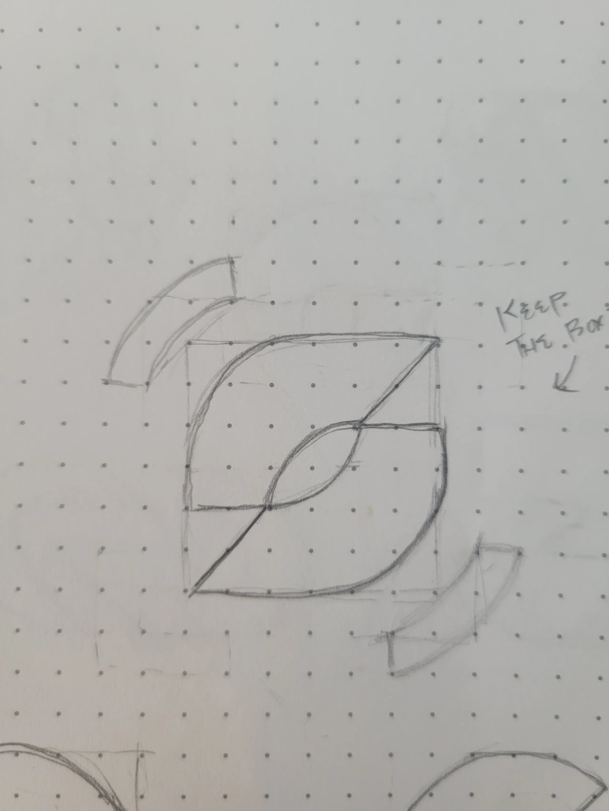 Pencil sketch of the second alternate direction: a squared form enclosing a lens shape at its center, with the handwritten note keep the box, drawn on dot grid paper