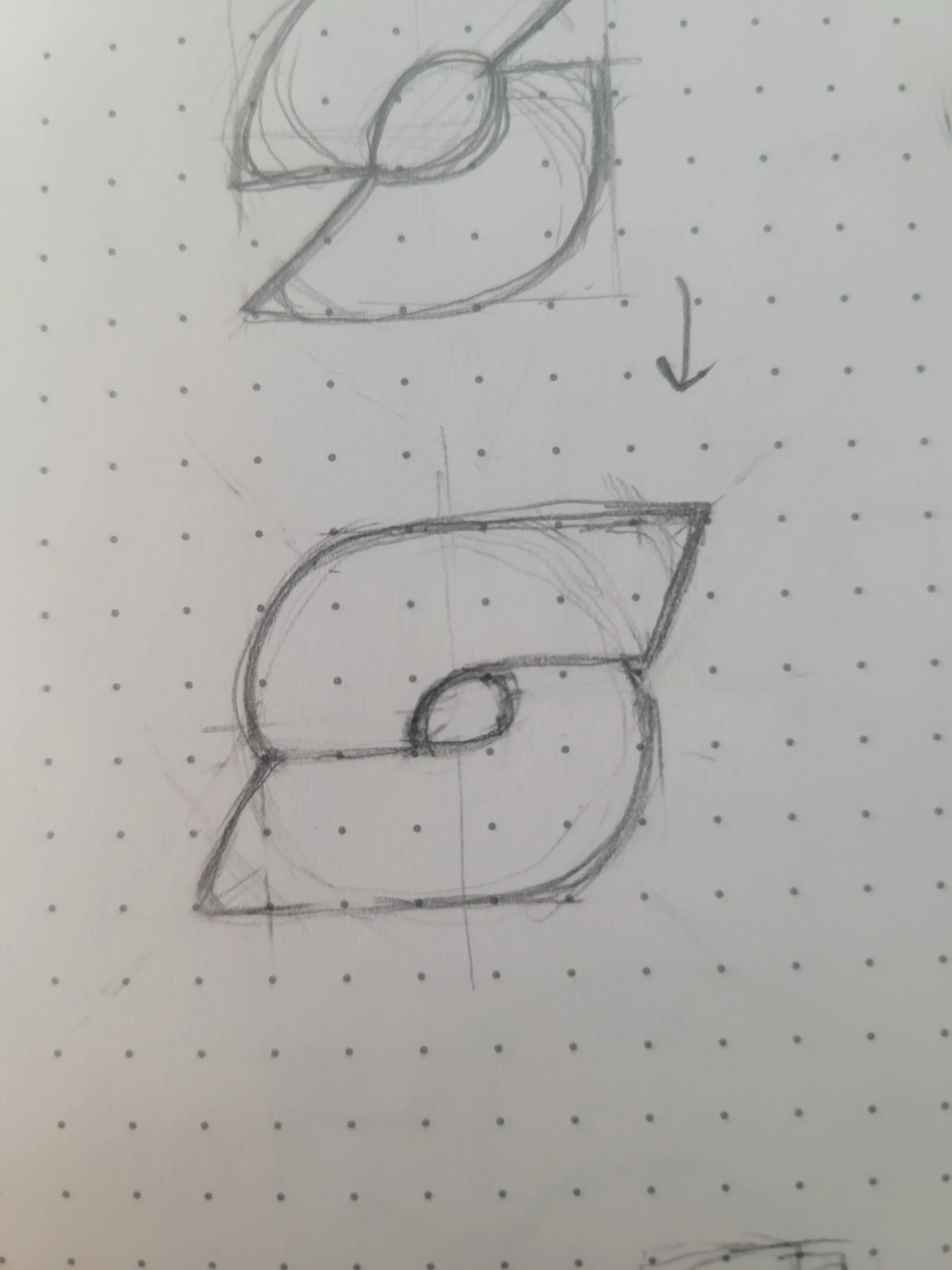 Pencil sketch of the third alternate direction: two stacked S forms with a lens shape at the center, an arrow marking the move from the first to the second, drawn on dot grid paper