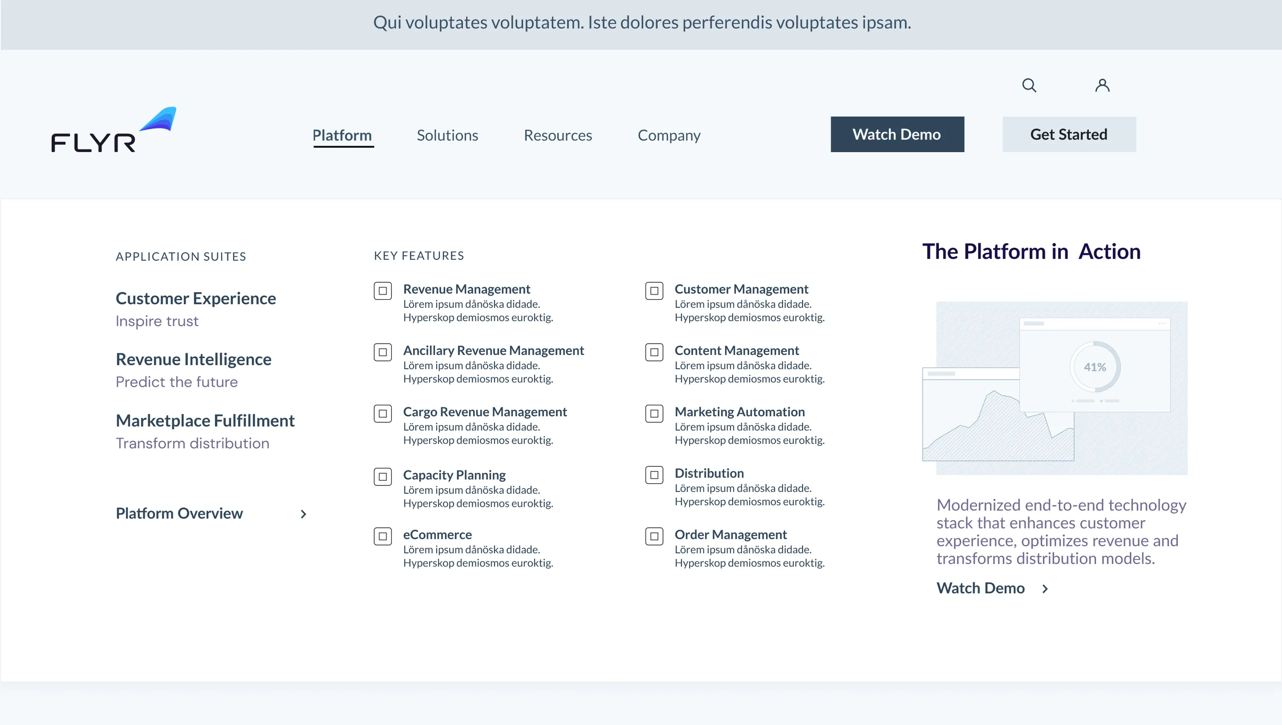 A greyscale wireframe of the Platform mega menu